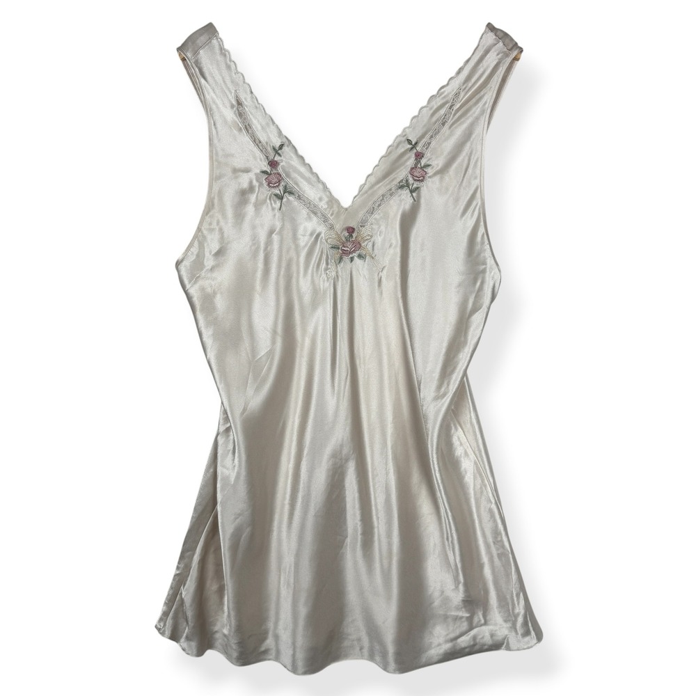 Vintage Val Mode Lingerie Satin Nightgown Size Large Coquette Floral Embroidered